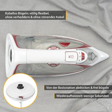 Бездротова парова праска TZS First Austria з керамічною підошвою, регулюванням температури та пари, базовою станцією, вертикальним відпарюванням, захистом від накипу, крапель і самоочищенням, резервуаром 450 мл, біло-червона