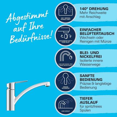 Змішувач кухонний GROHE Start з плоским виливом, поворотний на 140°, з обмежувачем витрати води, хром (30530002)
