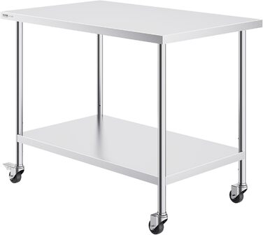 Стол з нержавіючої сталі VEVOR 90x60x85 см, з 4 колесами, регульована висота, для приготування їжі, срібний