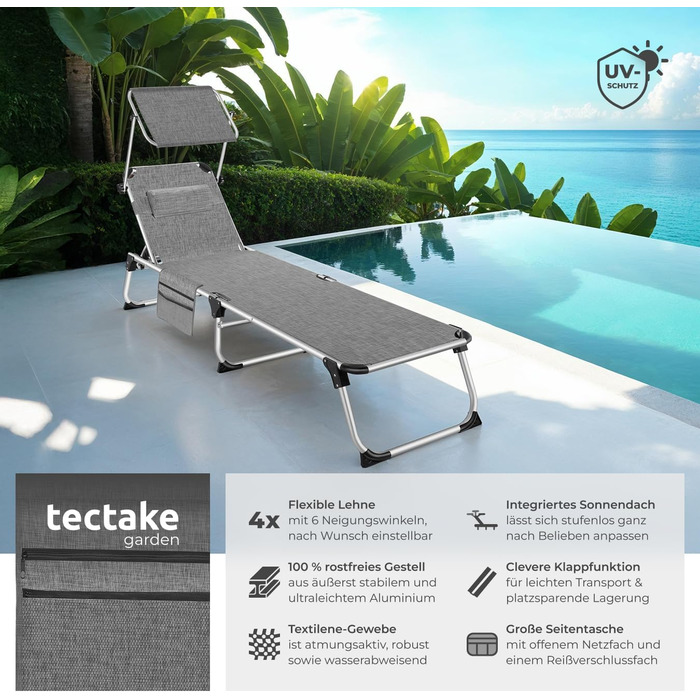 Шезлонг Tectake® з дахом, балконний шезлонг з алюмінію, складаний садовий шезлонг, стійкий до погодних умов, лежак для саду, кемпінгу та пляжу, регульована спинка, подушка для голови, бічна кишеня - сірий меланж