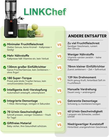 LINKChef Slow Juicer: повільний соковичавник для овочів та фруктів, 1.8 л, з функцією реверсу, BPA Free