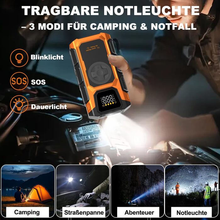 Пусковий пристрій (бустер) для авто Starthilfe 6000A з компресором 150 PSI, Powerbank 12V для бензинових та дизельних двигунів до 10л, з QC3.0, LCD-дисплеєм та ліхтарем, помаранчевий