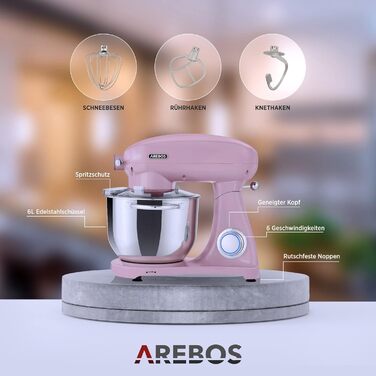 Arebos Ретро кухонна машина 1800W рожева | Міксер з чашею 6л з нержавіючої сталі | Тиха робота | З набором насадок (крюк для тіста, вінчик, насадка для збивання) | 6 швидкостей
