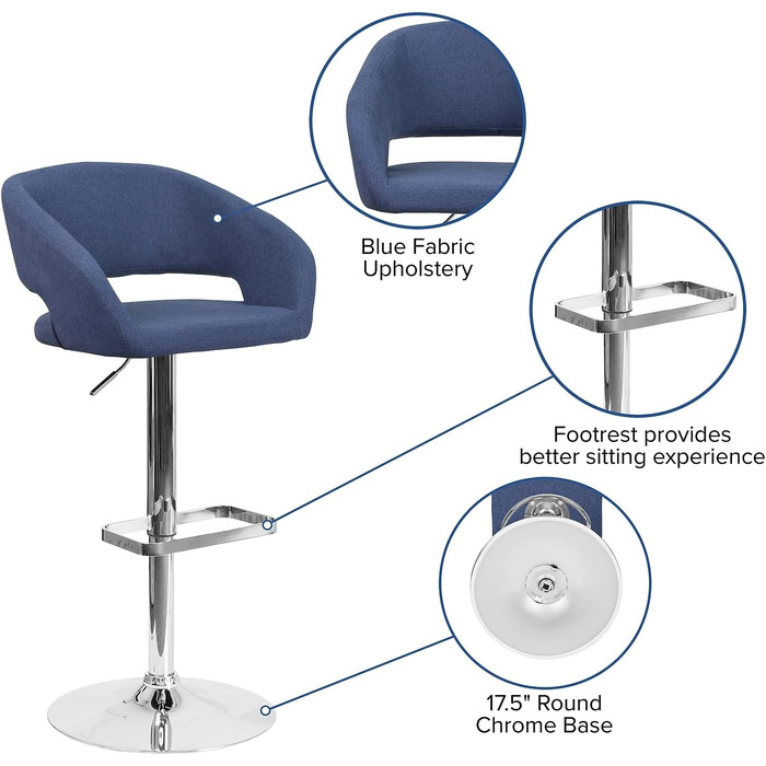 Барний стілець Flash Furniture Erik, синій текстиль, хром, регульована висота, зручна спинка та підніжка