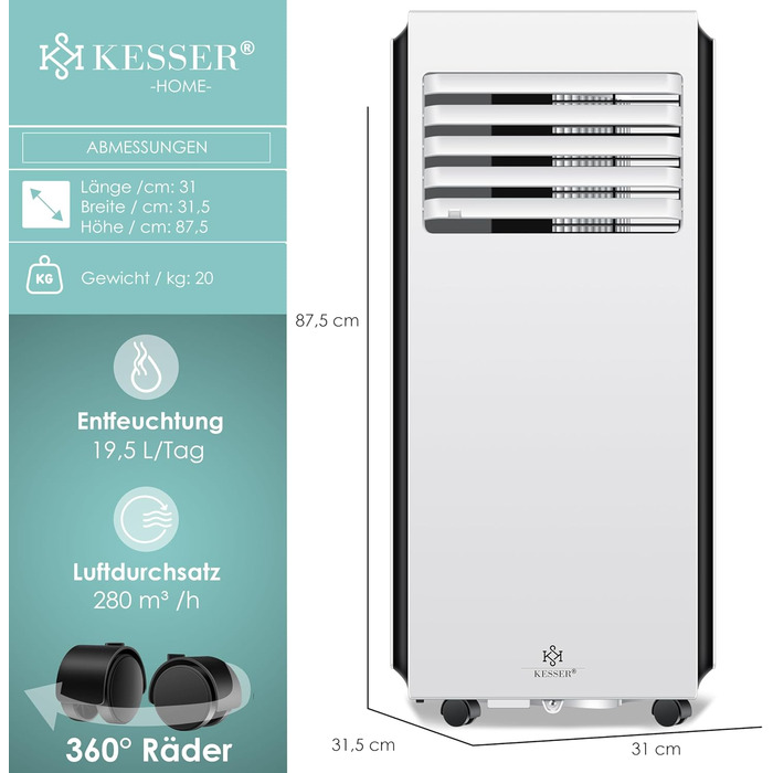 Мобільний кондиціонер KESSER 4-в-1: охолодження, осушення, вентиляція, 7000 BTU/год, з пультом, таймером, нічним режимом та колесами