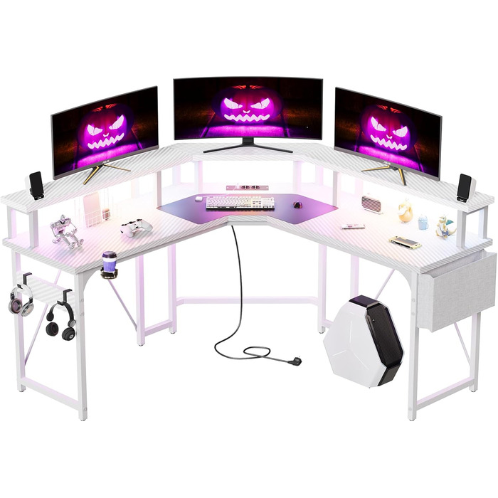 Ігровий стіл Devoko L-подібний 153x153 см з LED підсвічуванням, 2 розетками та 2 USB портами, кутовий комп'ютерний стіл з полицею для монітора, вугілляно-чорний
