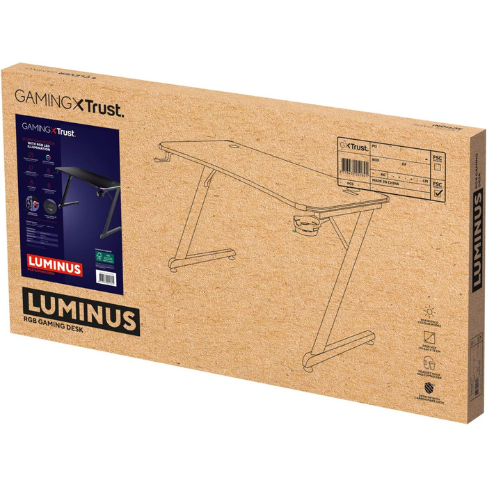 Ігровий стіл Trust Gaming GXT 709W Luminus RGB з підсвічуванням LED, 10 режимів, USB, білий, з підставкою для навушників та тримачем для напоїв, 120 x 60 см