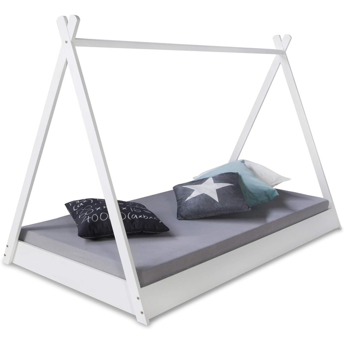 Дитяче ліжко Homestyle4u 90x200 см, біле/сіре, зірки, будиночок, типі, з ламелями, дерев'яне