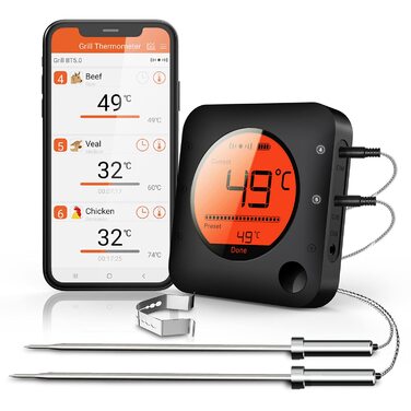 BFOUR Bluetooth термометр для гриля, 60 м, 2 зонди, великий РК-дисплей, нерж. сталь