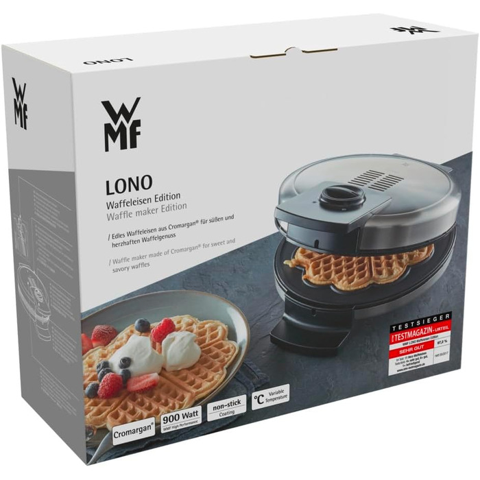 Вафельниця WMF Lono Edition для вафель у формі серця, регулювання ступеня просмажування, 900 Вт, матова нержавіюча сталь