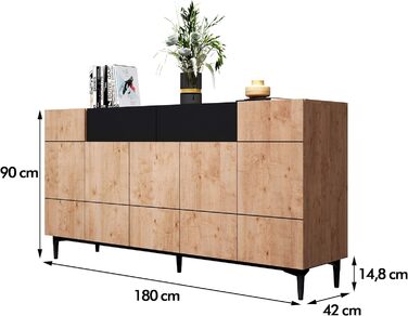 Комод Newfurn чорний дикий дуб, вінтажний індустріальний стиль, 180x90x42 см, для вітальні, спальні, передпокою, їдальні