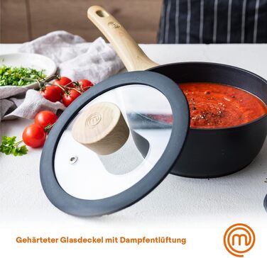 Каструля MasterChef 18 см з кришкою, алюмінієва, індукційна, антипригарна, чорна, дерев'яна ручка, для пасти та супу, підходить для всіх плит, набір каструль і сковорідок, колекція Natural