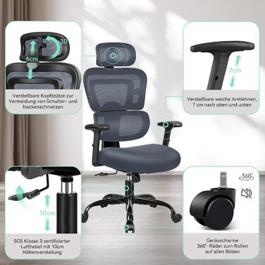 Ергономічне офісне крісло DoChair з 3D підголівником, регульованими підлокітниками та висотою сидіння, динамічною спинкою, світло-блакитне
