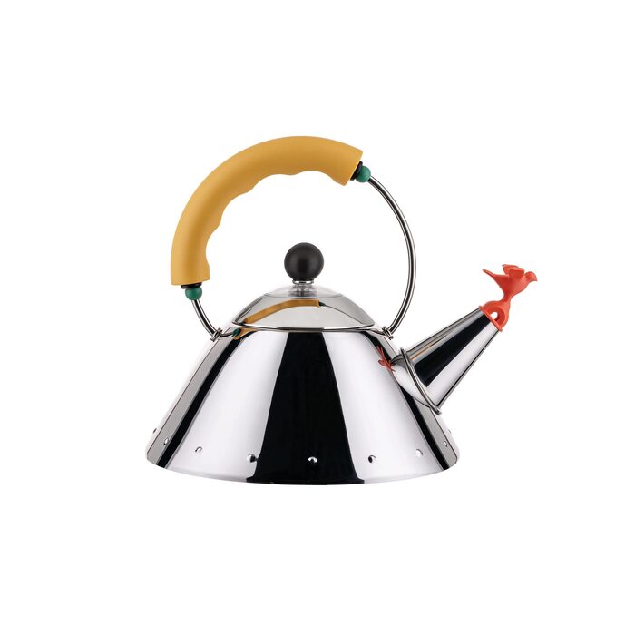 Чайник для індукційної плити Alessi 9093/1 LAZ, нержавіюча сталь 18/10, полірована, з ручкою та свистком у формі пташки, жовтий