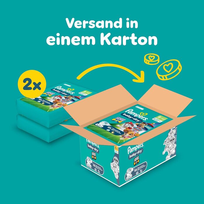 Підгузки Pampers Baby-Dry Paw Patrol Edition розмір 6 (13-18 кг), 164 шт, максимально надійний захист від протікань