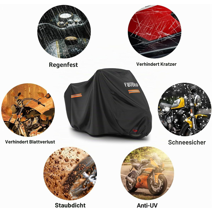 Водонепроникний чохол для мотоцикла Favoto Outdoor XXL, захисний пилозахисний тент від негоди з відбивачами, чорний, 245x102x122см