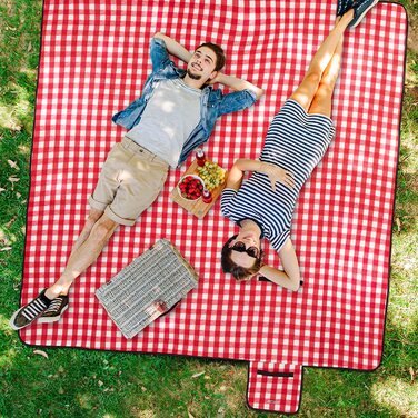 Пікнік-ковдра Relaxdays XXL 200x200 см, фліс, водонепроникна, теплоізоляційна, з ручкою, червоно-біла