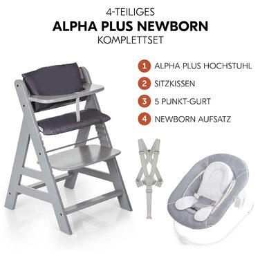 Дитячий стільчик Hauck Alpha+ Newborn Set з 2в1 гойдалкою - регульований дерев'яний стільчик для годування з народження, з подушкою та гойдалкою для новонароджених (Classic, Сірий)