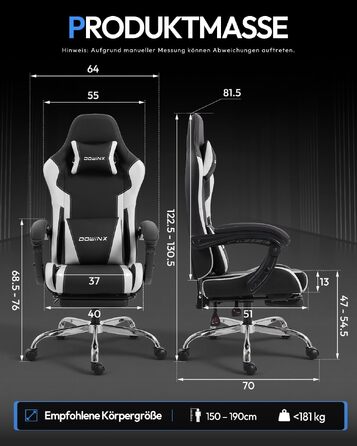 Ігрове крісло Dowinx Ergonomic Gaming Chair з підставкою для ніг, біле, витримує до 150 кг, з регульованими підлокітниками для ПК та офісу