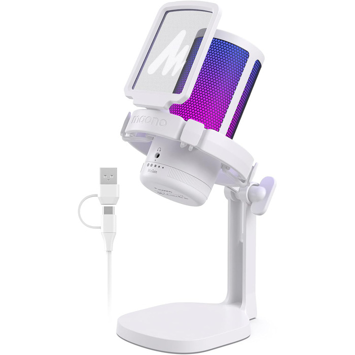 MAONO ігровий конденсаторний мікрофон для ПК, шумозаглушення, USB мікрофон для стрімінгу, подкастів, студії, з RGB підсвіткою, для PS5/PS4/Mac, сенсорна кнопка вимкнення звуку, регулятор гучності, білий