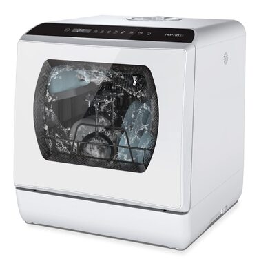 Посудомийна машина Hermitlux Mini: компактна для 4 комплектів, 5л бак, 6 програм, біла. Ідеально для квартир, гуртожитків, кемпінгу