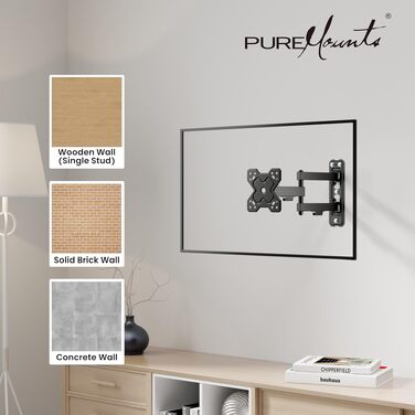 Настінний кронштейн для ТБ та монітора PureMounts, поворотний та нахильний, VESA 100x100 мм, для екранів 13-32 дюйми, до 20 кг, чорний