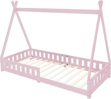 Дитяче ліжко-хатинка Tipi ML-Design 90x200 см рожеве з бортиком, дерев'яне з масиву сосни, індіанський дизайн, з ламелями, для дівчаток, ігрове ліжко-намет