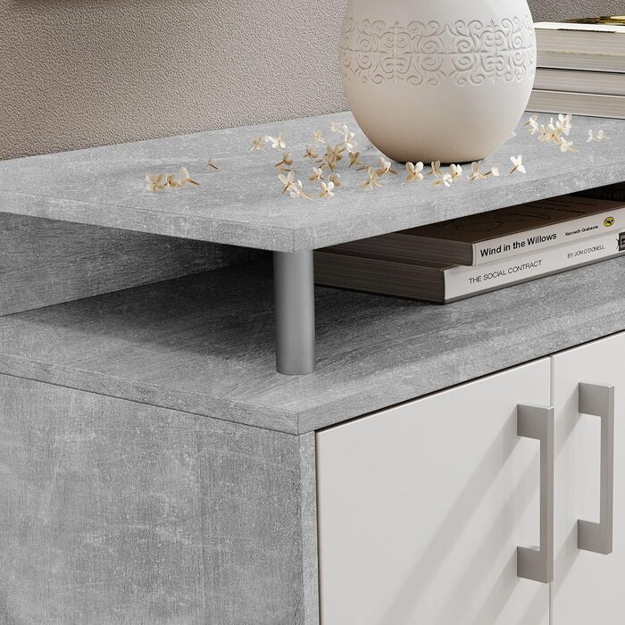 Сучасна комода DRIFT з полицею, бетон/білий, з шухлядами та великим місцем для зберігання, 139x90x34 см