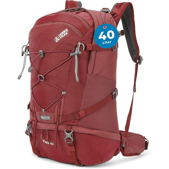 Туристичний рюкзак Terra Peak Flex 40 л, преміум, з вентиляцією спини, дощовиком і кріпленням для гідратора, 3D Air Mesh, з поясом, для трекінгу, темно-червоний