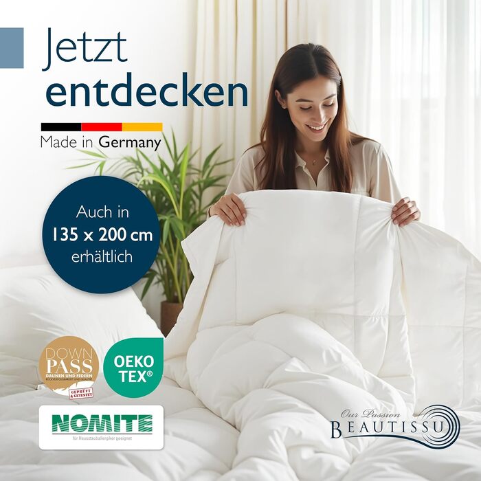 Пухова ковдра Beautissu для всієї пори року з 100% пуху та пера – Made in Germany – Сертифікація Oeko-Tex, Downpass & Nomite – 100% бавовняний чохол, 135x200 см, пральна машина, зимова ковдра 155x220 см