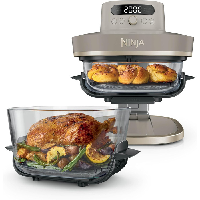 Скляна аерофритюрниця Ninja CRISPi PRO XL Air Fryer з 5 функціями, контейнерами CleanCrisp (5,7 л та 2,3 л) та кришкою для зберігання, AS090EUGN (Stone Gold)