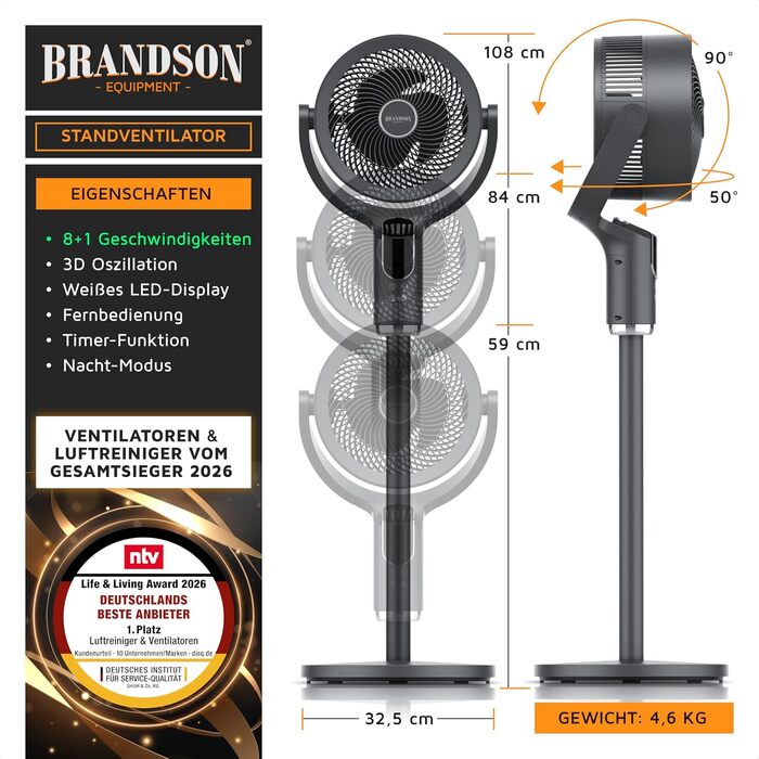 Вентилятор підлоговий 3D Brandson з пультом, 8 швидкостей, нічний режим, для спальні, вітальні, дитячої, офісу