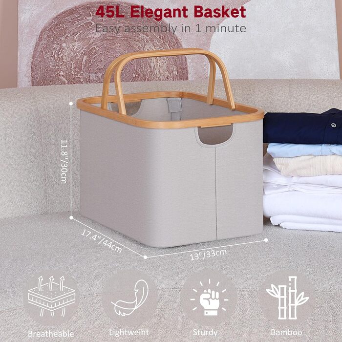 Складний кошик для білизни 43 л з бамбуковою кришкою, тканинний, світло-сірий, з ручками, для зберігання речей у спальні та ванній