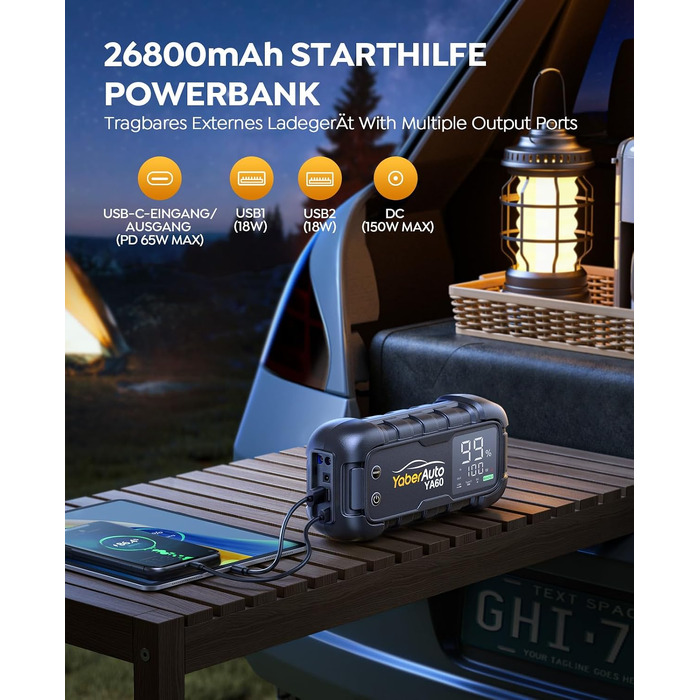 Бустер для автомобіля YaberAuto 8000A, пусковий пристрій Powerbank 26800mAh, 65W USB-C PD, для бензинових та дизельних двигунів до 12.0л, з ліхтарем 600 Лм