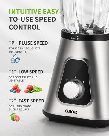 Блендер стаціонарний GDOR 1200W зі скляною чашею 1.5л та дорожнім стаканом 650мл для смузі, коктейлів, соусів