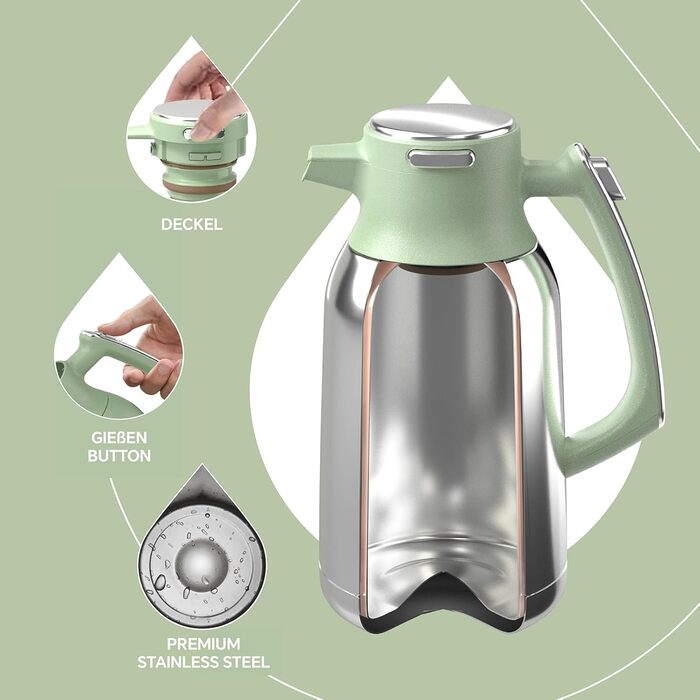 Термос IDEUS Thermoskanne 2л, нержавіюча сталь, подвійні стінки, вакуумна ізоляція, кавоварка-термос для кави та чаю, BPA-free, колір Celadon (авокадо)