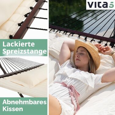 Гамак з підставкою Vita5 для двох осіб, бежевий, для саду, балкону, тераси та басейну, з додатковим столиком, витримує до 200 кг, легкий монтаж