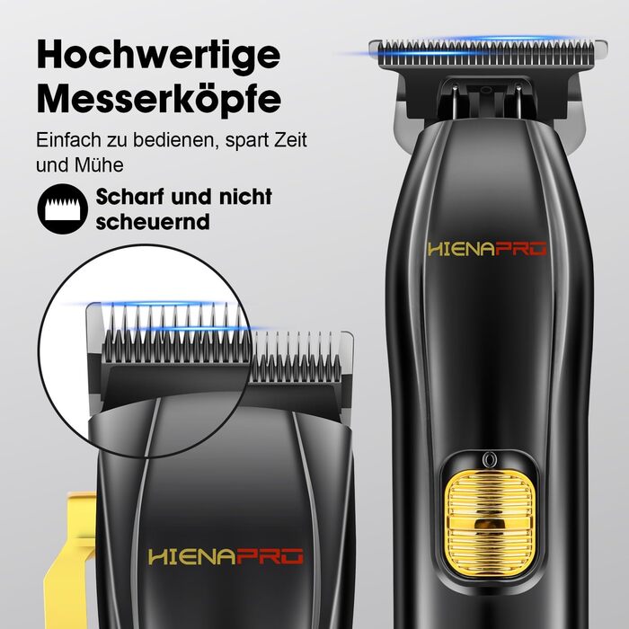 Професійна машинка для стрижки HIENA PRO з Т-лезом, бездротова, з LCD-дисплеєм, USB-зарядка, чорна – комплект для барбера