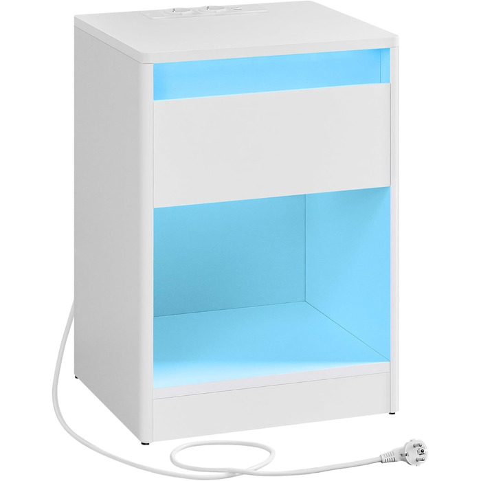 VASAGLE приліжковий столик з регульованим LED-підсвічуванням, розетками, USB, шухлядою, сучасний, для спальні та вітальні, білий хмарний LET618T15
