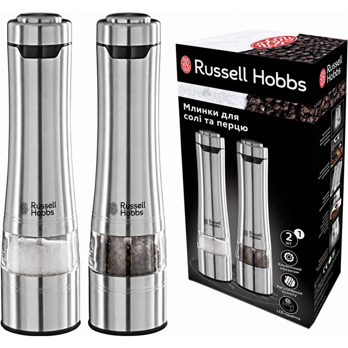 Електричний набір млинків для солі та перцю Russell Hobbs, 2 шт, нержавіюча сталь, керамічний механізм, регулювання помолу, LED підсвітка