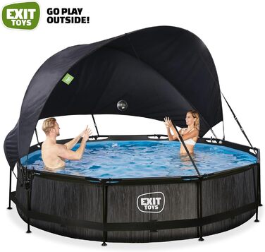 Басейн EXIT TOYS Black Wood круглий 360x76 см із сонцезахисним навісом, картриджним фільтром, міцною рамою, унікальним дизайном, чорний