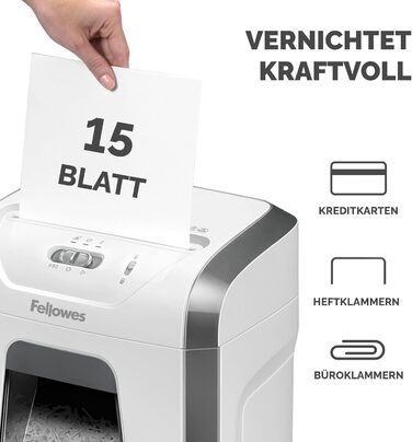 Fellowes Powershred 15C: Офісний шредер для дому, 15 аркушів, 19л контейнер, P4, білий