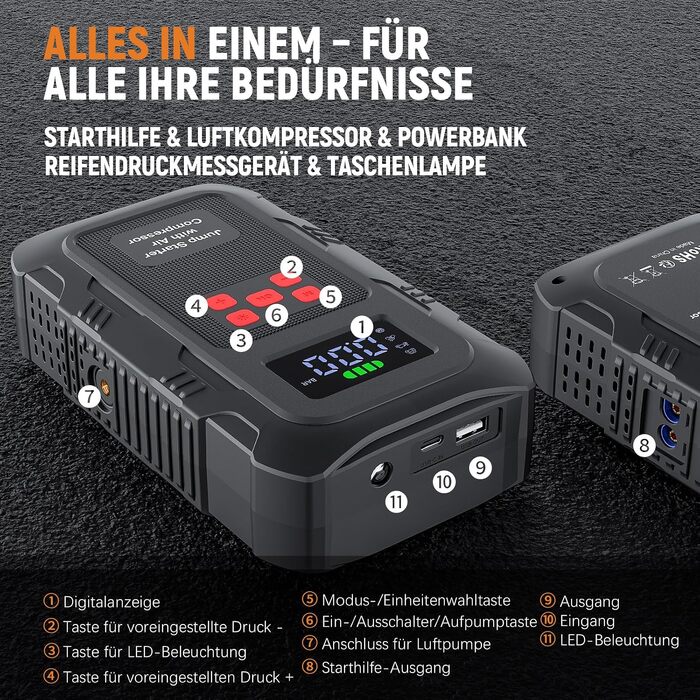Бустер для авто Povasee Starthilfe Powerbank 5000A: пусковий пристрій для бензинових та дизельних двигунів (до 10л), 12V, з LCD-дисплеєм, 2 USB-портами та LED-ліхтарем, чорний