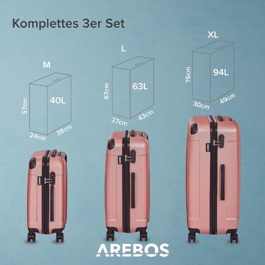 Набір валіз Arebos 3шт: M, L, XL з ABS-пластику, телескопічний ручка, 360° колеса, замок-блискавка