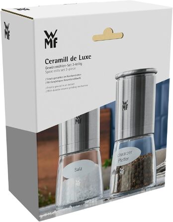 Набір млинків для солі та перцю WMF De Luxe, 2 шт., керамічний механізм, нержавіюча сталь Cromargan та скло, регулювання помолу