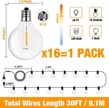 Гірлянда LED SUWIN G40 9 м для вулиці, тепле світло, водонепроникна, 15+1 лампочка, підвісна, для саду та вечірок
