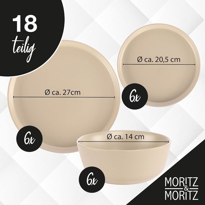 Набір посуду Moritz & Moritz Nordic на 6 осіб, 18 предметів, тауп, елегантний комплект тарілок з високоякісного кам'яного посуду: 6 обідніх, 6 десертних, 6 супових тарілок