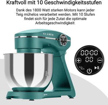 Кухонний комбайн KLAMER 1800W — Планетарний міксер для тіста з чашею 6л, 10 швидкостями та таймером, набір насадок (гак, вінчик, міксер), колір бірюзовий