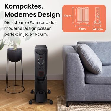 Масляний обігрівач Pro Breeze 2500W, електричний радіатор з 11 секціями, 3 режимами нагріву, термостатом та 24-годинним таймером, захист від перегріву та перекидання, чорний