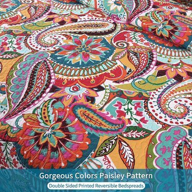 Покривало Qucover Boho 230x250 см з наволочками, бавовняне, кольорове стьобане для двоспального ліжка, стиль Пейслі